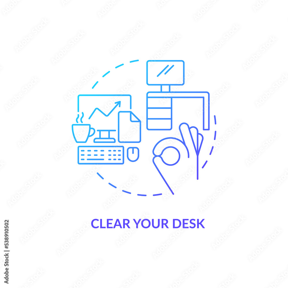 Clear your desk blue gradient concept icon. Keep workplace in order. Boost self confidence at work abstract idea thin line illustration. Isolated outline drawing. Myriad Pro-Bold font used Clear your desk blue gradient concept icon. Keep workplace in order. Boost self confidence at work abstract idea thin line illustration. Isolated outline drawing. Myriad Pro-Bold font used