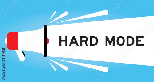 Color megaphone icon with word hard mode in white banner on blue background