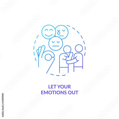 Let your emotions out blue gradient concept icon. Accept strong feelings. Improving self esteem abstract idea thin line illustration. Isolated outline drawing. Myriad Pro-Bold font used