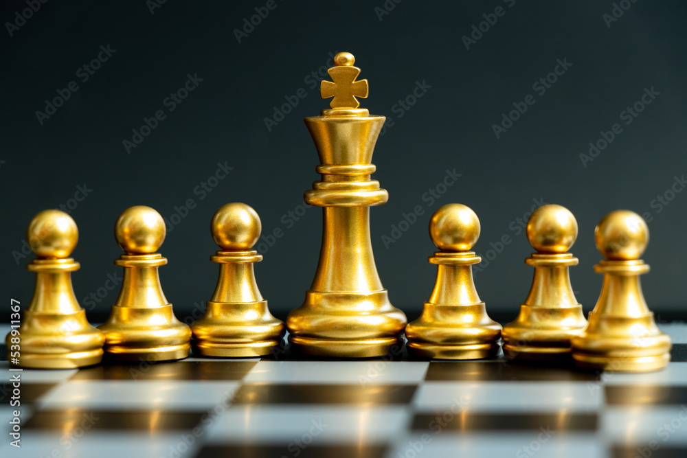 Gold king chess piece stand with pawn on black background (Concept of teamwork, management) Gold king chess piece stand with pawn on black background (Concept of teamwork, management)