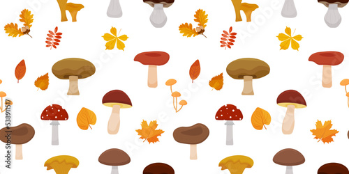 Autumn seamless pattern. Mushrooms and autumn leaves. Autumn background. Illustration on a transparent background. Vector illustration.