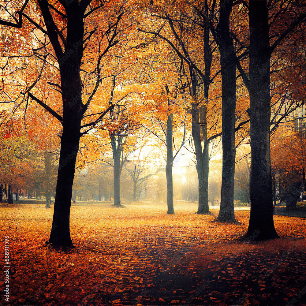 Fototapeta premium October Forest Park Autumn View. See Through Between Trees. Falling Leaves On Ground. Shiny Sunlight Atmosphere.