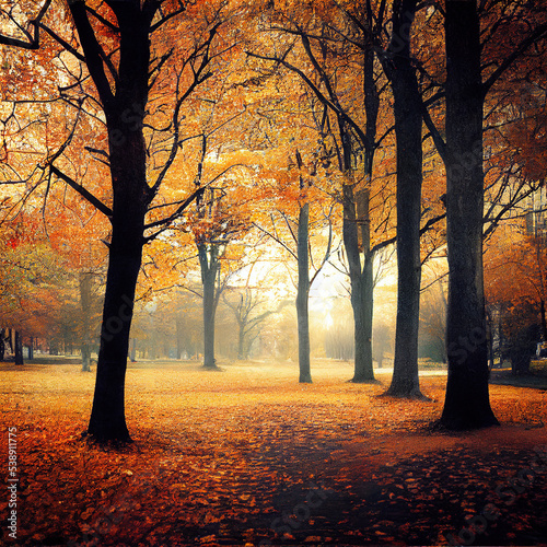 October Forest Park Autumn View. See Through Between Trees. Falling Leaves On Ground. Shiny Sunlight Atmosphere. 