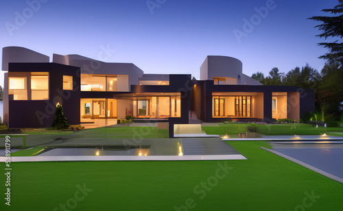 Elegant and huge house exterior design concept in white color. 3D rendering © ardanz