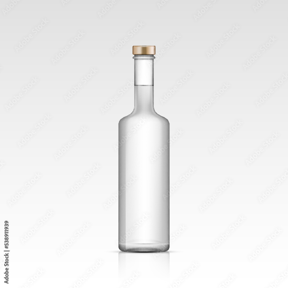 Realistic empty glass vodka, rum tequila bottle. Mockup template blank for alcohol product packing