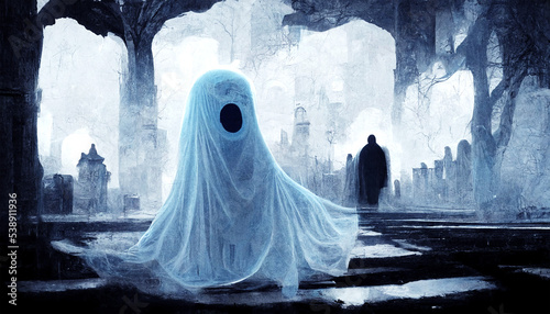 A scary ghost in a white sheet on the background of a haunted cemetery.