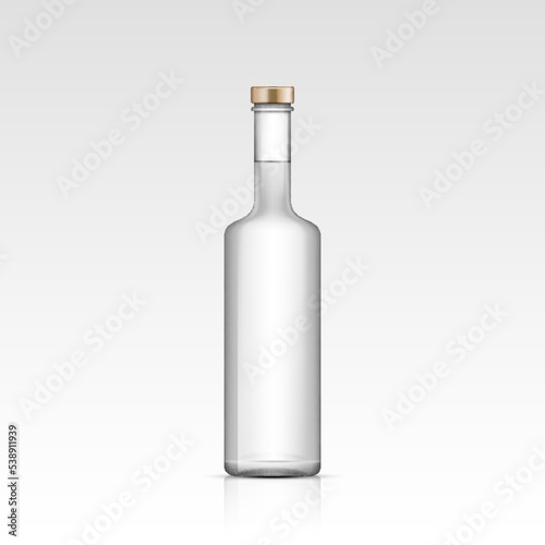 Realistic empty glass vodka, rum tequila bottle. Mockup template blank for alcohol product packing