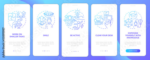 Boost self confidence at work blue gradient onboarding mobile app screen. Walkthrough 5 steps graphic instructions with linear concepts. UI, UX, GUI template. Myriad Pro-Bold, Regular fonts used