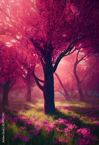 Volumetric Sunray Through Fog In Forest. Beautiful Nature Landscape Background. 3D Render.