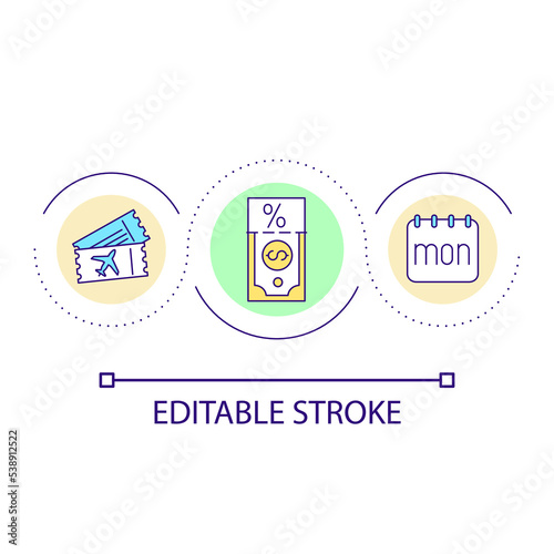 Cheap flight time loop concept icon. Off-peak travel days. Save money on booking ticket ahead abstract idea thin line illustration. Isolated outline drawing. Editable stroke. Arial font used