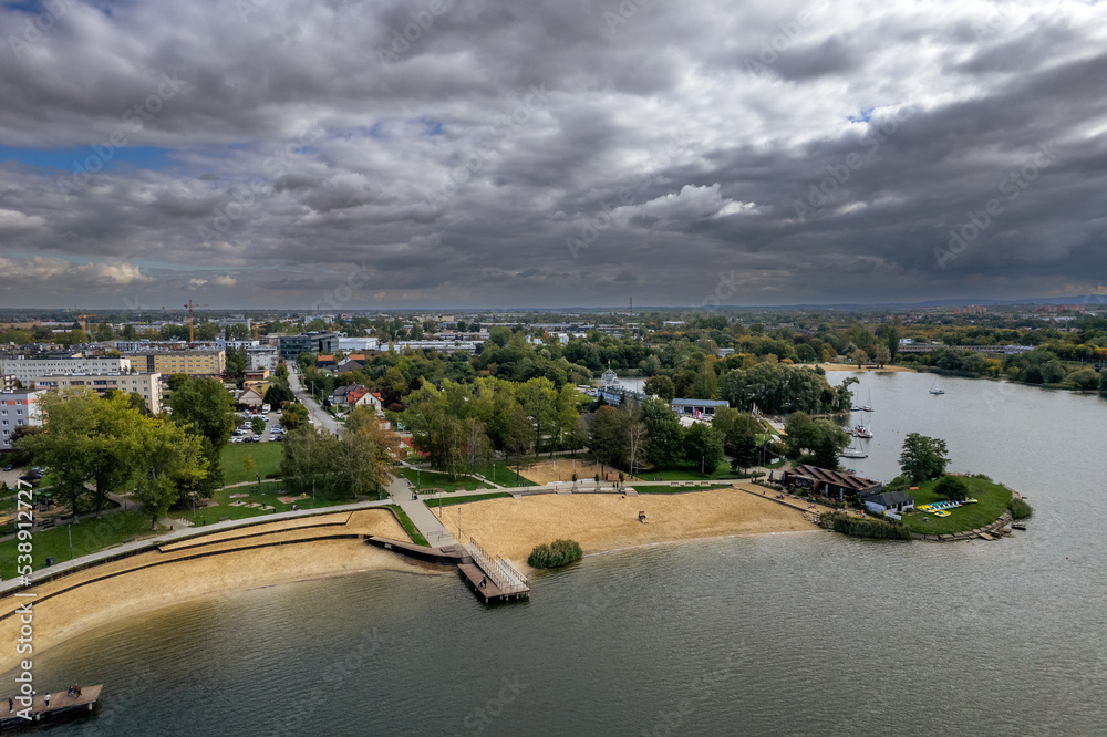  Aerial view - Bagry Lagoon, Podgórze XIII, Kraków, Poland - swimming spot  in a city centre (kayak, sailing, sunbathing) Cracow must visit - obrazy, fototapety, plakaty 