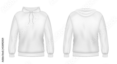 Realistic hoodie sweatshirt white 3d mockup template. Fashion long sleeve clothing hooded pullover