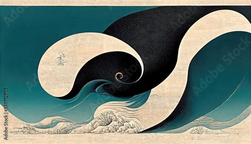 Design elements in the style of Katsushika Hokusai, modern, elegant, retro and abstract Japanese style, background design, black contrast on the combination of blue and white