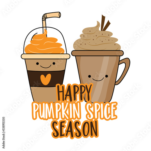 Happy pumpkin spice season - cute hand drawn pumpkin spice latte mugs. Good for T shirt print, poster, card, label and other decoration.