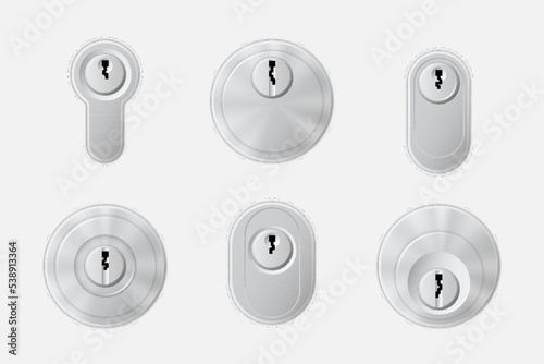 Metallic lockers isolated with key holes template. Realistic key holes mechanisms for padlocks