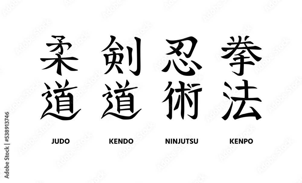 Judo, Kendo, Ninjutsu, Kenpo. Set of hand written names of traditional Japanese martial arts