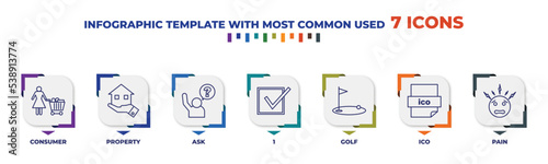 infographic template with outline icons. thin line icons such as consumer, property, ask, 1, golf, ico, pain editable vector. can be used for web, mobile, info graph.