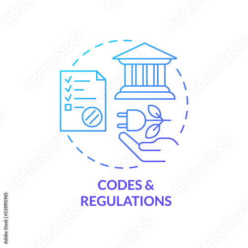 Codes and regulations blue gradient concept icon. Green power. Alternative energy company requirements abstract idea thin line illustration. Isolated outline drawing. Myriad Pro-Bold font used