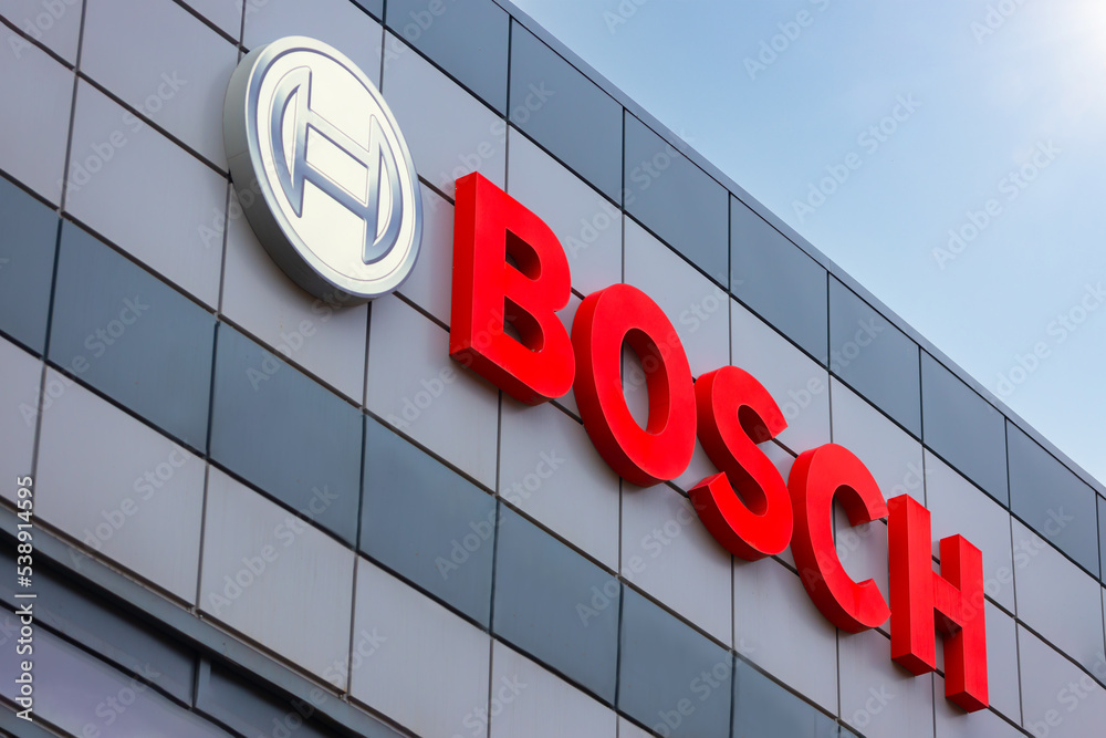 Krasnoyarsk, Russia - October 7, 2022: Bosch brand logo on facade building.  Emblem Robert Bosch GmbH or Bosch is a German multinational engineering and  technology company Stock Photo | Adobe Stock