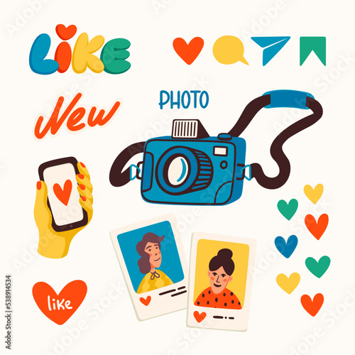 Blogging, making content for a blog or vlog vector illustration. Photo camera, and stickers for blogging. Cartoon icons for making internet content vector flat illustration.