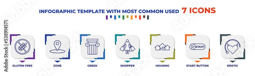 infographic template with outline icons. thin line icons such as gluten free, zone, greek, shopper, housing, start button, erotic editable vector. can be used for web, mobile, info graph.