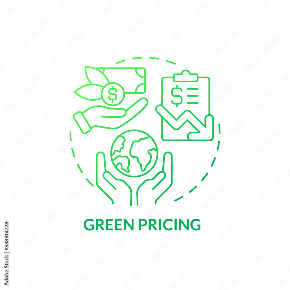 Eco pricing green gradient concept icon. Alternative energy program. Clean electricity purchase abstract idea thin line illustration. Isolated outline drawing. Myriad Pro-Bold font used Eco pricing green gradient concept icon. Alternative energy program. Clean electricity purchase abstract idea thin line illustration. Isolated outline drawing. Myriad Pro-Bold font used