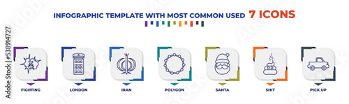 infographic template with outline icons. thin line icons such as fighting, london, iran, polygon, santa, shit, pick up editable vector. can be used for web, mobile, info graph.