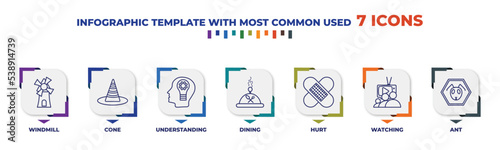 infographic template with outline icons. thin line icons such as windmill, cone, understanding, dining, hurt, watching, ant editable vector. can be used for web, mobile, info graph.