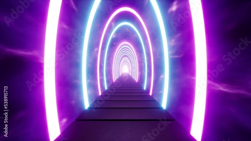 glowing neon color light tunnel way of fantsy dimension entrance, 3d rendering photo