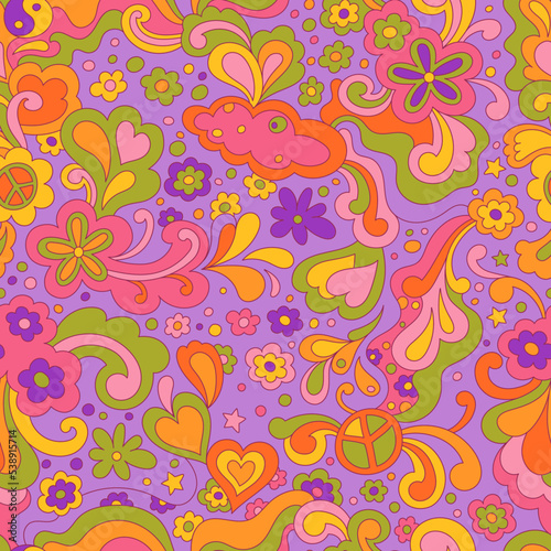 Abstract psychedelic surface pattern design for textile , stationery, wrapping paper. Colorful retro seamless pattern with hand drawn groovy elements and flowers. Vintage 60s hippie vector background