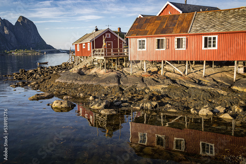 Rorbuers by the harbour at Reine, Moskenesoya, Lofoten Islands, Nordland, Norway