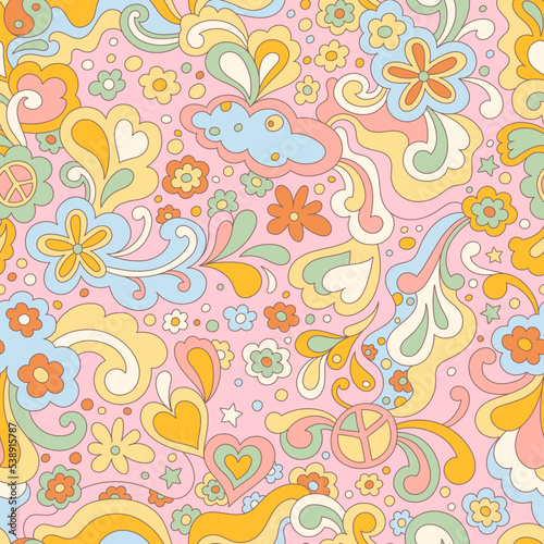 Abstract psychedelic surface pattern design for textile , stationery, wrapping paper. Colorful retro seamless pattern with hand drawn groovy elements and flowers. Vintage 60s hippie vector background