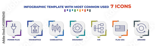 infographic template with outline icons. thin line icons such as power plug, homeoffice, candlestick, doughnut, ivr, flag usa, around editable vector. can be used for web, mobile, info graph.