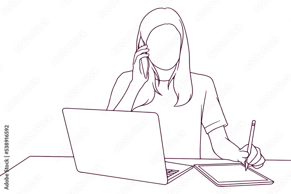 young woman working hand drawn style vector illustration young woman working hand drawn style vector illustration