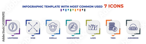 infographic template with outline icons. thin line icons such as lightening, wide, gorilla, handwriting, lawn, tires, audiobook editable vector. can be used for web, mobile, info graph.
