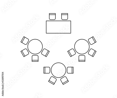 Plan for arranging seats and tables in interior on event banquet wedding, layout graphic outline elements. Chairs and tables signs in scheme architectural plan. Furniture, top view. Vector line
