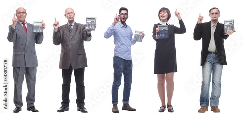 Collage of people with calculator isolated on white