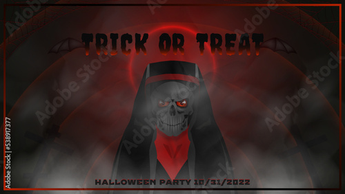 Trick or treat, Halloween party. A terrible black skull in the clothes of a nun with a red glowing halo. Foggy turbid background with crosses and cobwebs