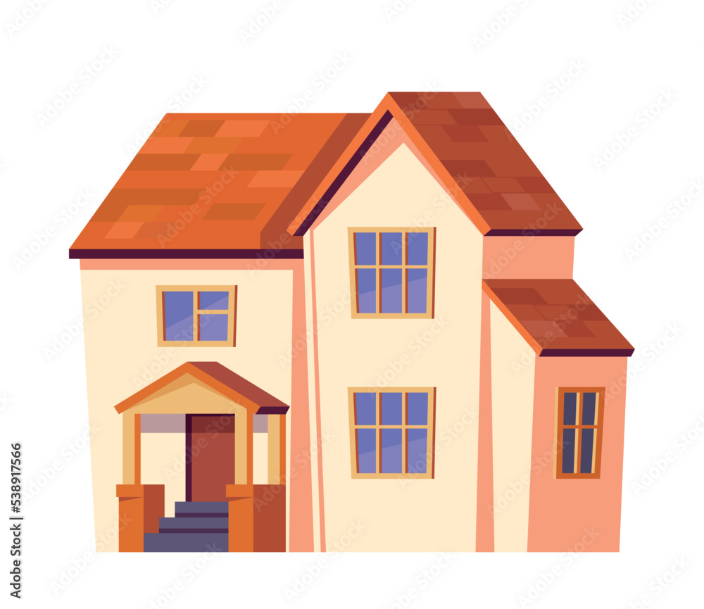 House or cottage. Icon or sticker with beautiful two storey real estate for mortgage or rent. Urban architecture or building facade. Cartoon flat vector illustration isolated on white background