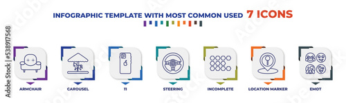 infographic template with outline icons. thin line icons such as armchair, carousel, 11, steering, incomplete, location marker, emot editable vector. can be used for web, mobile, info graph.