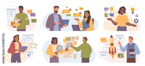 Business project developing, isolated employees working on tasks. Startup and management, organization and creative innovation. Flat cartoon character, vector in flat style