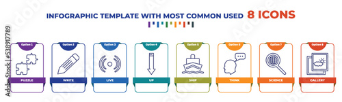 infographic template with outline icons. thin line icons such as puzzle, write, live, up, ship, think, science, gallery editable vector. can be used for web, mobile, info graph.