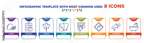 infographic template with outline icons. thin line icons such as lemon, projects, canada, casino, user interface, shortcut, campaign, bath editable vector. can be used for web, mobile, info graph.