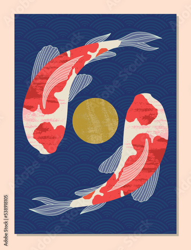 Japanese poster with fish. Minimalistic picture, cover and banner for website. Creativity and art, Asian style. Interior and decoration of apartment or room. Cartoon flat vector illustration