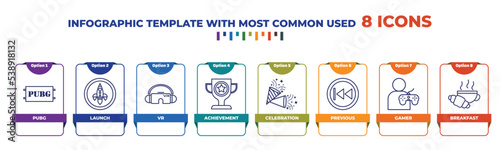 infographic template with outline icons. thin line icons such as pubg, launch, vr, achievement, celebration, previous, gamer, breakfast editable vector. can be used for web, mobile, info graph.