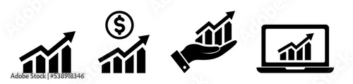 Chart icon set. Infographic symbols isolated on white background. Simple growing graph icons in flat. Laptop and chart sign. Simple financial growth chart icon in black Vector illustration for graphic