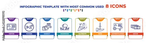 infographic template with outline icons. thin line icons such as visitor, runner, subject, mushroom, celebrate, need, authentication, dolar editable vector. can be used for web, mobile, info graph.