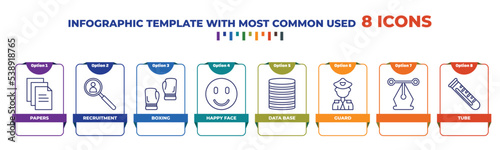 infographic template with outline icons. thin line icons such as papers, recruitment, boxing, happy face, data base, guard, , tube editable vector. can be used for web, mobile, info graph.