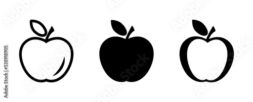 Apple icon set in flat style. Fresh apple with leaf symbol in black isolated on white background. Simple apple vector abstract icon. Vector illustration for web site design, logo, mobile app, UI.