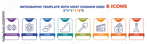 infographic template with outline icons. thin line icons such as live streaming, physical, cloudy, stair, shovel, modern, purse, north editable vector. can be used for web, mobile, info graph.